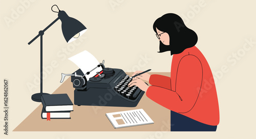 Woman types on typewriter at desk under lamp, with books, and blank background