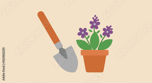 Potted plant & shovel in empty space, showing gardening concept, floral design use
