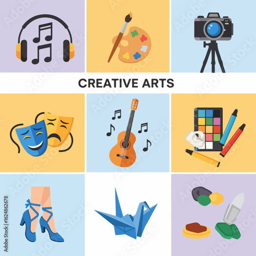 Explore the creative arts with vibrant visuals of music, painting, theater, dance, and crafts for inspiration and artistic projects now!
