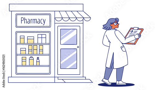 A pharmacist in a white coat checking medication on shelves near a storefront. Cartoon style on a white background. Concept of pharmacy services. Vector illustration

