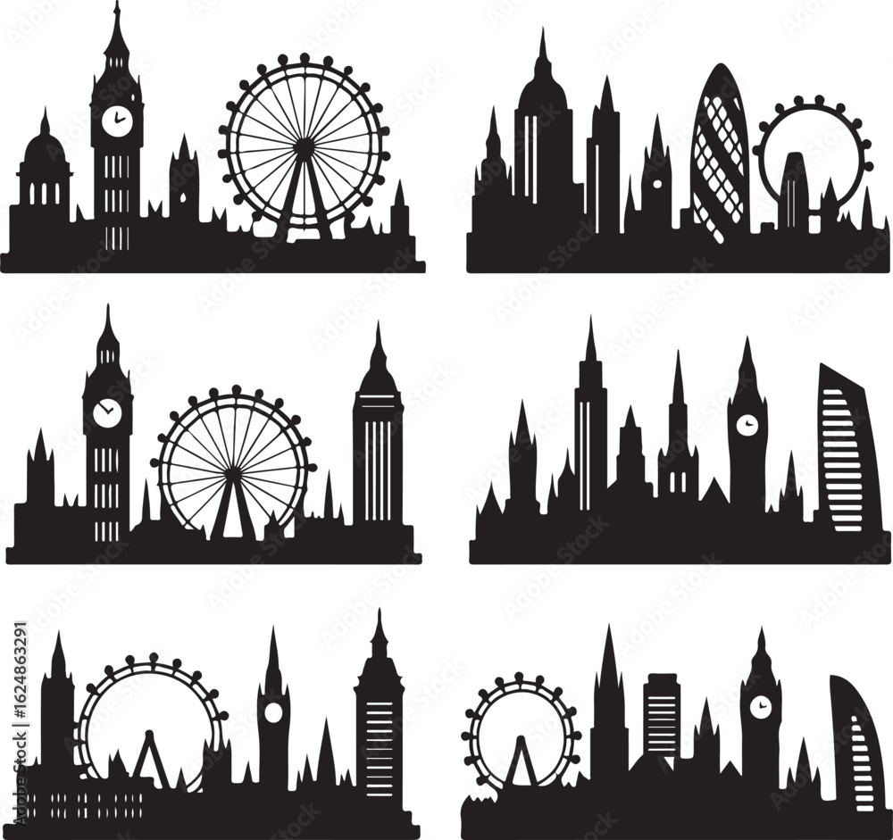 Fototapeta premium London Landmarks Silhouette Vector, Famous UK City Skyline Clipart