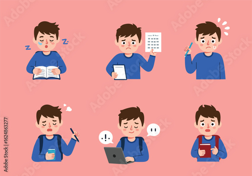 A young man's struggles with exhaustion and stress, depicted in various scenarios.