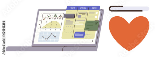Open laptop with graphs, Kanban board, and tasks, accompanied by a stylized heart and bookmark. Ideal for productivity, planning, time management, efficiency, team collaboration self-improvement