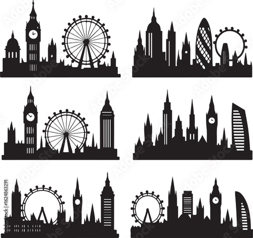London Landmarks Silhouette Vector, Famous UK City Skyline Clipart