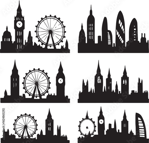 London Landmarks Silhouette Vector, Famous UK City Skyline Clipart