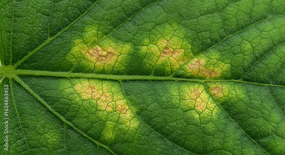 Fototapeta premium Cucumber Leaf Displaying Chlorotic Patches from Viral Infection