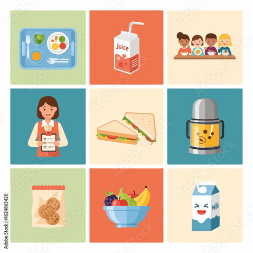 Healthy school lunch collection offering nutritious meals and snacks for kids to enjoy, promoting wellness and balanced diets, original vector graphics