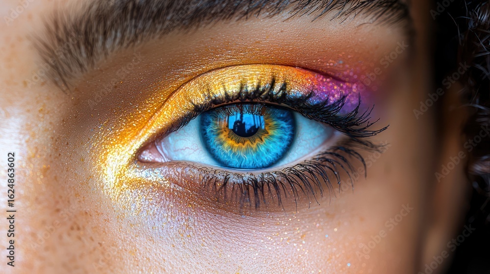 Obraz premium Close-up vibrant blue eye, colorful eyeshadow, beauty, makeup, macro shot