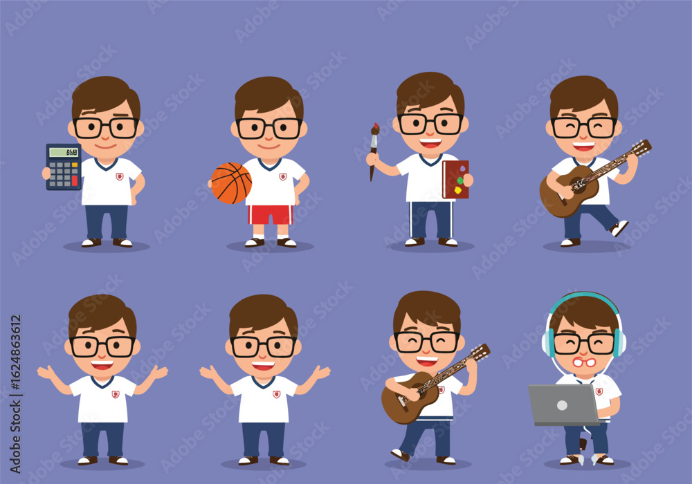 Eight diverse illustrations of a boy in school uniform showcasing various hobbies and academic pursuits. Eight diverse illustrations of a boy in school uniform showcasing various hobbies and academic pursuits.