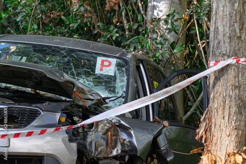 car crash accident, P plate driver smashed into tree, rural road, Queensland Australia