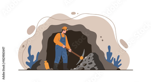 Miner digging with pickaxe in mine cave with geological rock formations background