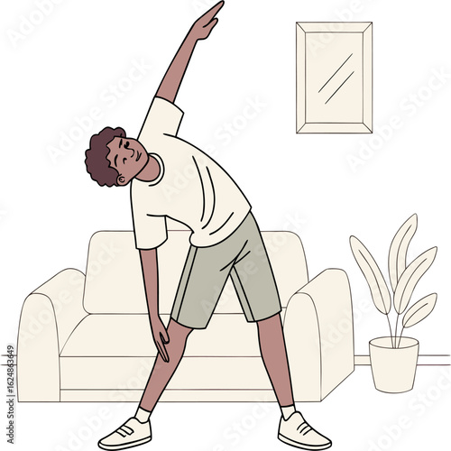 A young man doing side stretches in living room