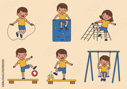 Happy children enjoying various playground activities like jumping rope, climbing, swinging, and playing soccer.