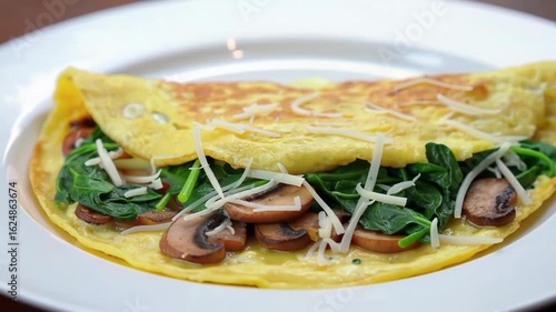 Close-up dolly shot of a delicious omelette with spinach, mushrooms, and cheese on a white plate. Concept of a healthy breakfast, brunch, or a simple and tasty recipe.