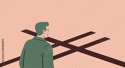 Contemplative man looks at crossroad. Illustration for decision making, opportunity