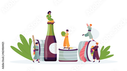 People are interacting with large sushi rolls and a bottle of sauce in a playful manner