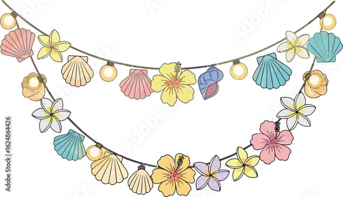 A charming vector illustration of a festive tropical garland featuring hanging seashells, hibiscus flowers, and glowing string lights for a summer party.
