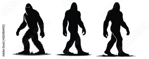 Three walking bigfoot sasquatch silhouettes in a row silhouette