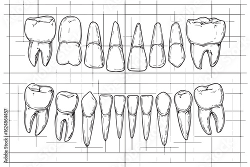 Human dental diagram featuring an intricate line drawing of teeth with grids for educational and scientific purposes dental care graphics