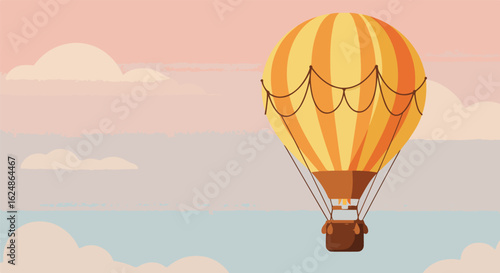 Hot air balloon floats in pastel sky with clouds, suitable for web design