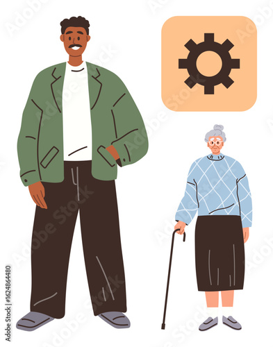 Young man wearing green jacket, elderly woman with walking cane, and a gear icon. Ideal for support, caregiving, collaboration, generational relations, technology inclusion teamwork. Simple flat