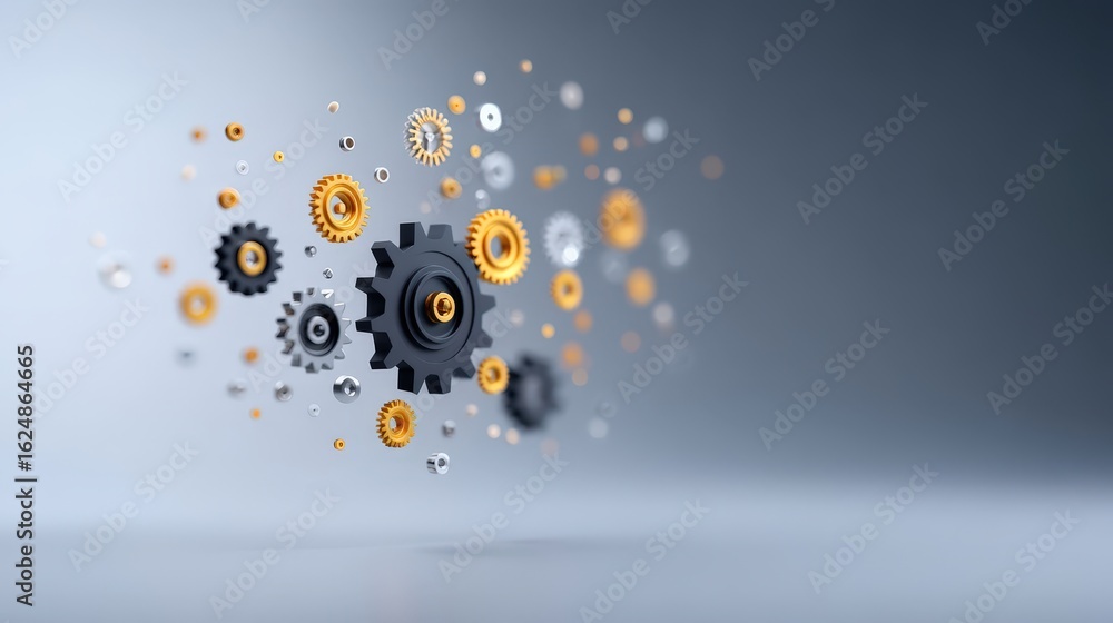 Obraz premium Floating Gears in Motion with Metallic Elements and Soft Background