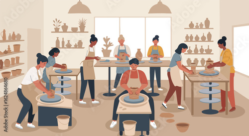 Pottery Class People making pots on wheels in studio with shelves of ceramics