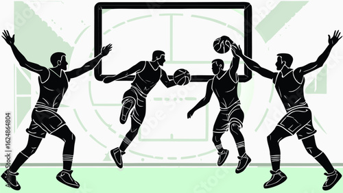 Basketball players in action with a ball near the hoop in a stylized black and white illustration