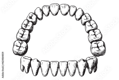 Highly detailed illustration of dental anatomy showcasing a complete set of teeth, ideal for dental education and healthcare design dental care graphics