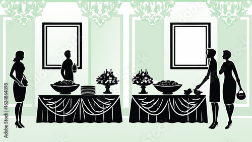 Silhouette of people at a buffet table with food and decorations in a light green colored room space
