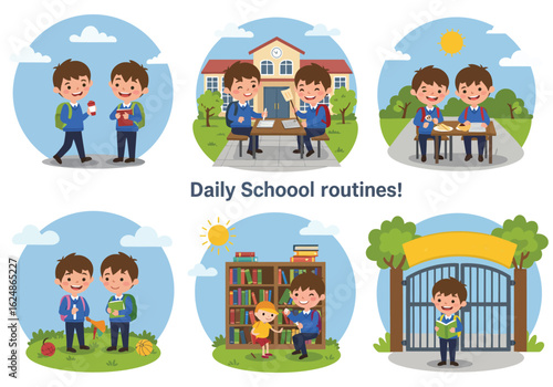 Six illustrated scenes depict the daily school routines of two young boys, showcasing activities like walking to school, studying, playing, and arriving at the school gate.