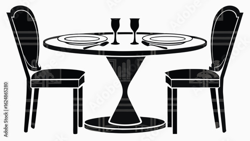 A table set for two with plates silverware and glasses with chairs on either side in black and white