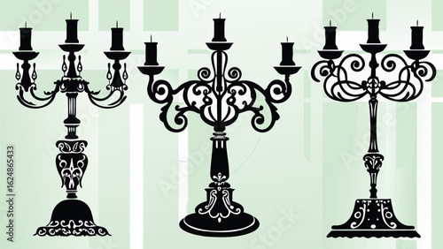 Three ornate black candelabras with candle silhouettes against a light green and white background design