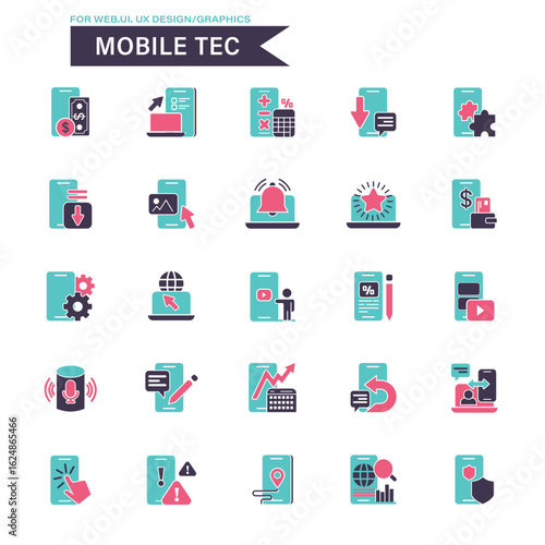Mobile technology and app development icon set. Includes icons for finance, analytics, notifications, settings, and more. Perfect for web, UI UX, and graphic design projects.