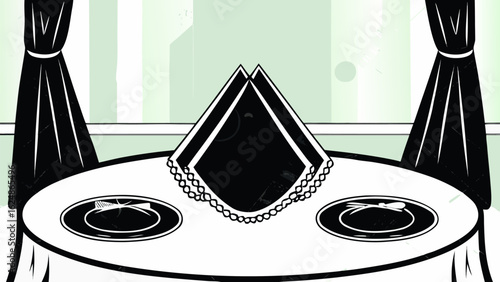 A formal dining table set for two with plates silverware and a folded napkin in a black and white style