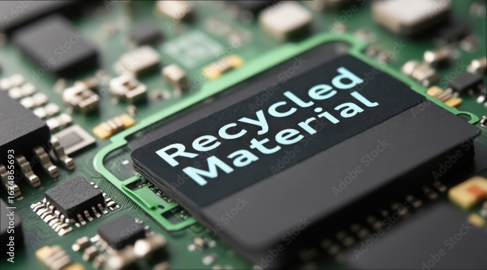 Obraz premium Macro Shot of Recycled Material Label on Circuit Board Technology