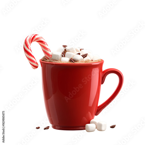  Steaming Mug of Hot Cocoa with Marshmallows and Cinnamon Stick Isolated on Transparent Background PNG