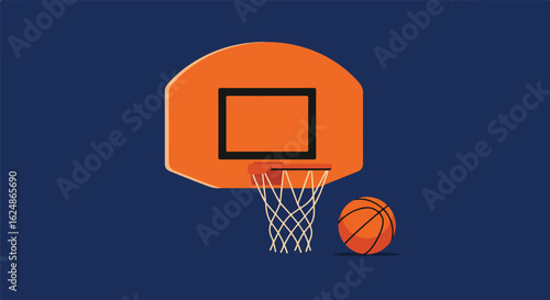 Basketball hoop with ball. Simple flat vector design on blue, great for banners