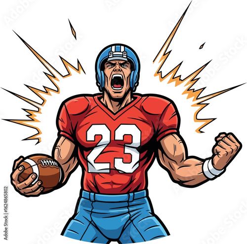 An aggressive gridiron football player mascot holding a ball and yelling, a powerful vector graphic asset.