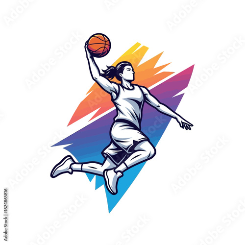 A dynamic vector illustration of a powerful woman basketball player jumping for a slam dunk against a vibrant abstract background.