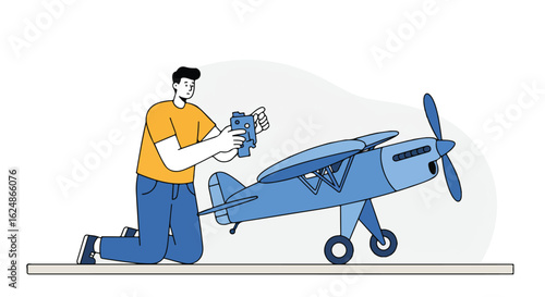 Man assembling model airplane on table; hobby in a room