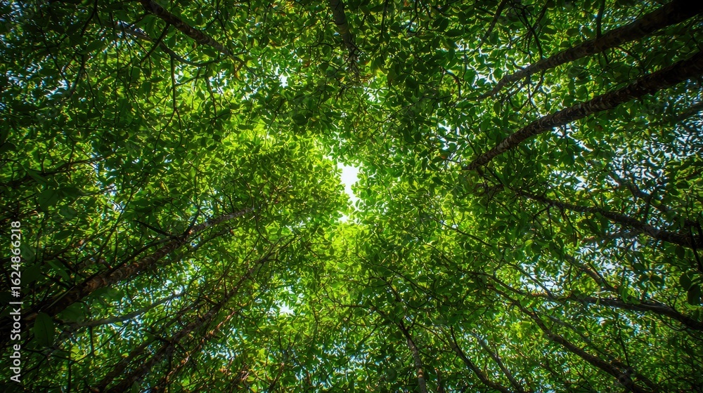 Naklejka premium Bottom-up view green mangrove forest canopy. Natural carbon sink fight climate change. Sustainability in carbon-neutral ecosystems.