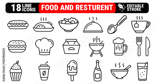 Food and Restaurant Line Icon Set – Meal, Chef, Kitchen, Fast Food, Drink, and Dining Symbols in Modern Outline Style