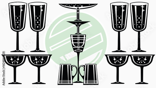 Illustration of various glassware including champagne flutes and beer mugs in black and white style