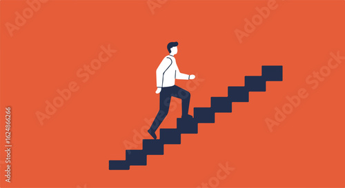 Man climbs stairs on orange background. Represents career advancement, goal setting
