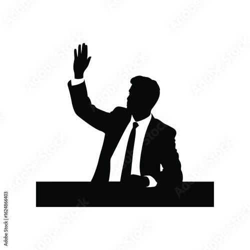 Silhouette of a businessman raising his hand in a formal setting