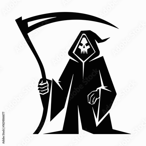 Grim reaper wielding scythe in monochrome silhouette