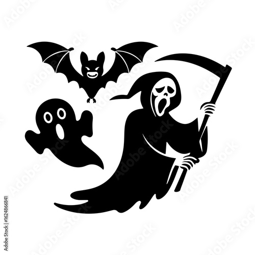 Spooky Halloween frights with grim reaper and ghost