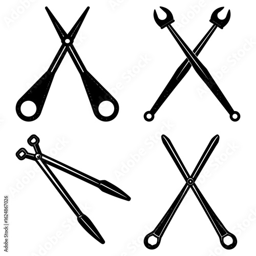 Illustration featuring crossed scissors, wrenches, and forceps in a black and white design style