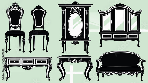 Illustration of antique furniture set including chairs cabinet tables and a sofa in black and white style